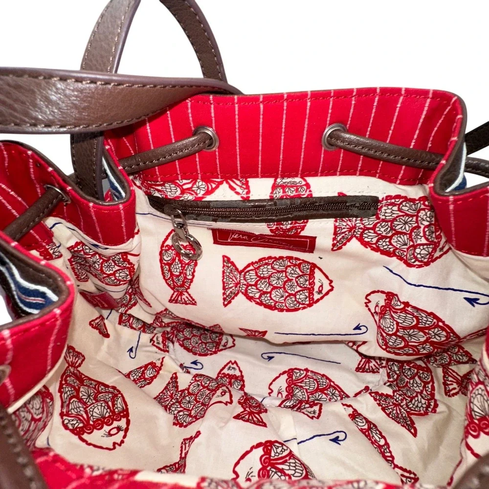 Vera Bradley Quilted Bucket Bag Purse‎ Red Striped Drawstring Shoulder Bag